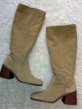 Franco Sarto Sangeti suede cream beige wood block heel knee high tall boots